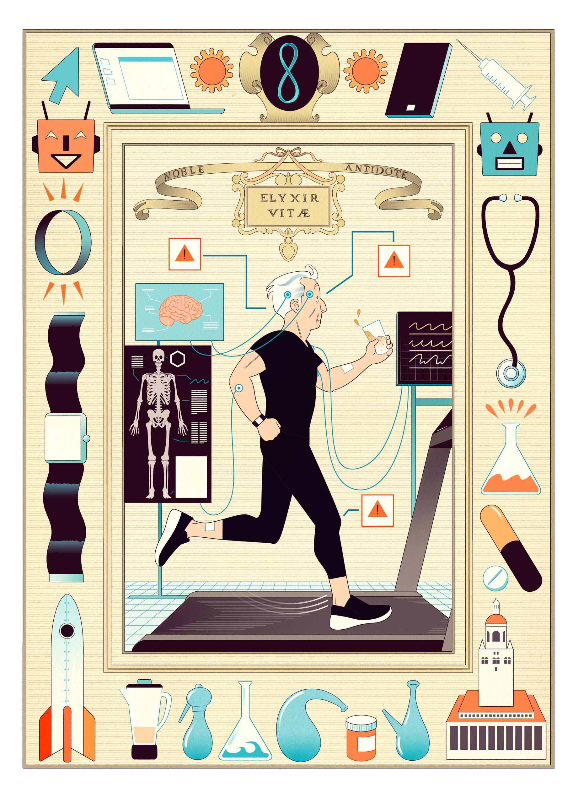 Man running on a treadmill surrounded by various technology.