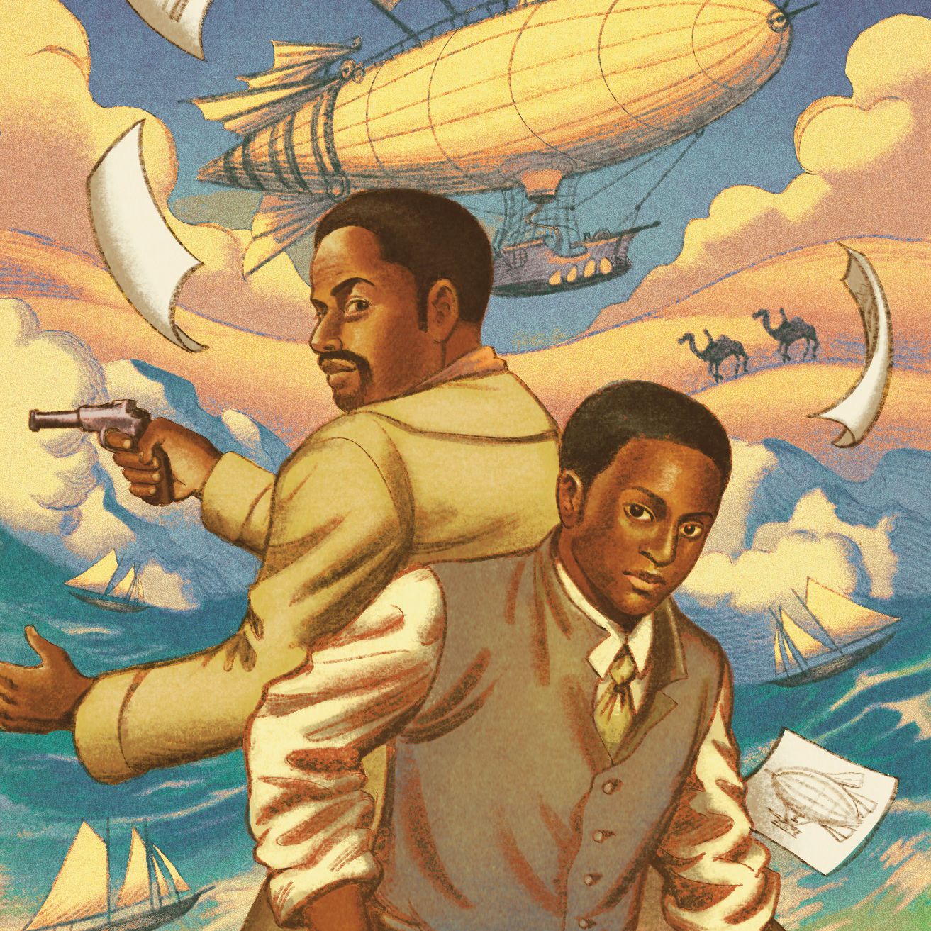 Medwin Harris and Washington Black backtoback divided by ocean and ships.