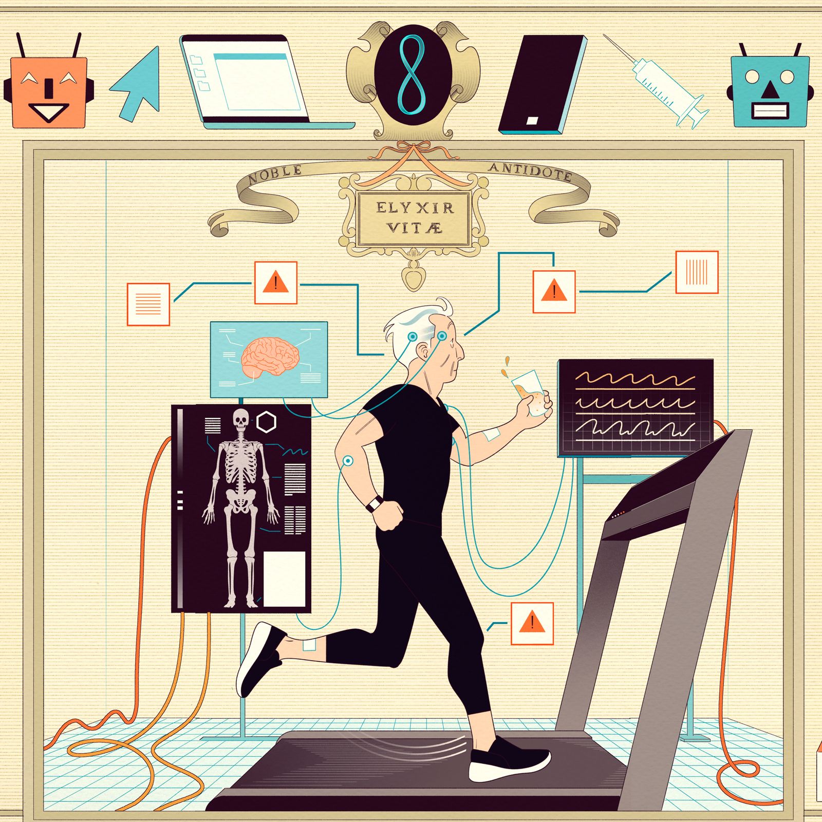 Man running on a treadmill surrounded by various technology.